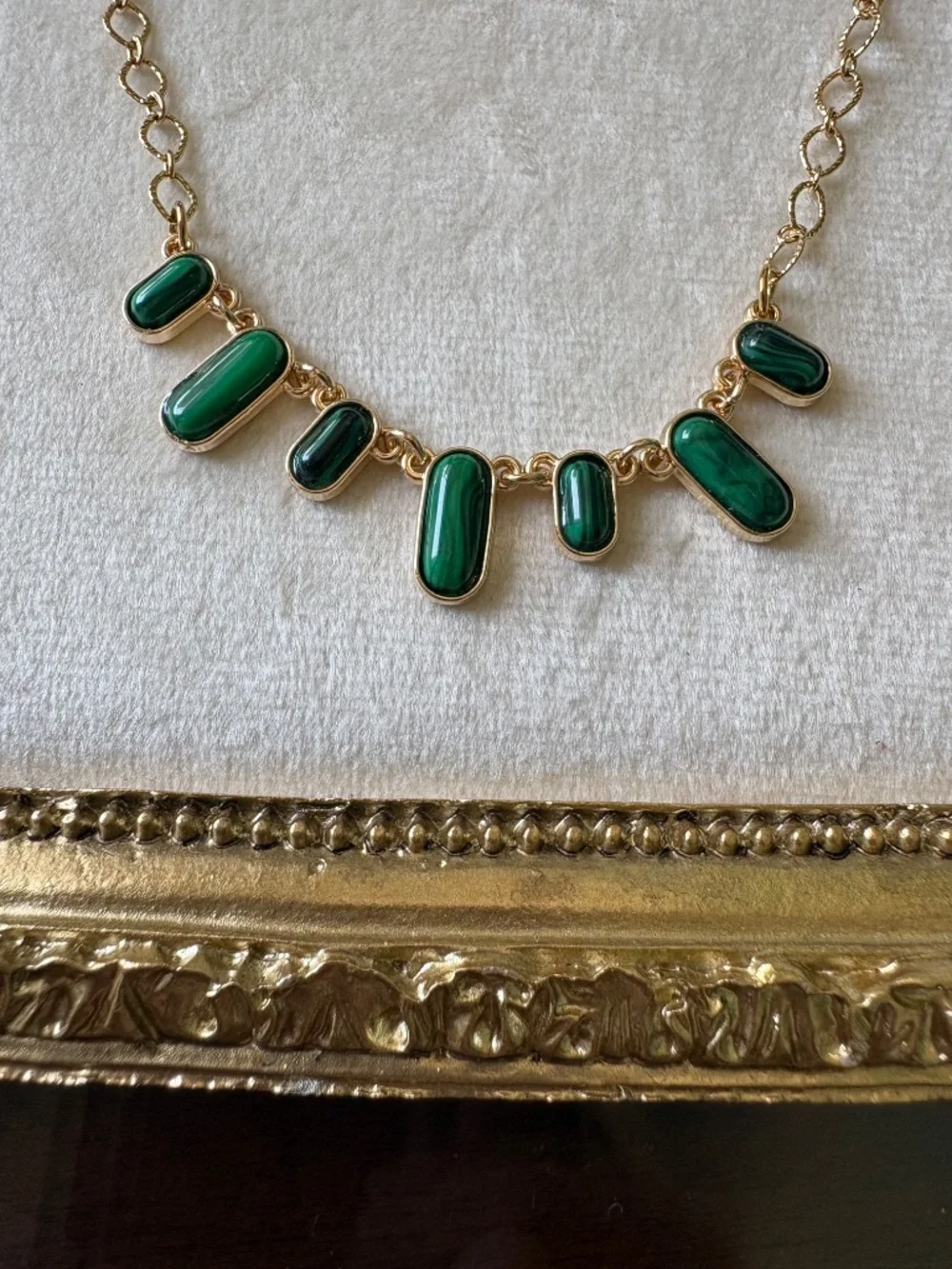 Goldtone Necklace with Green Mini Pendants by Plunder Design Private Label